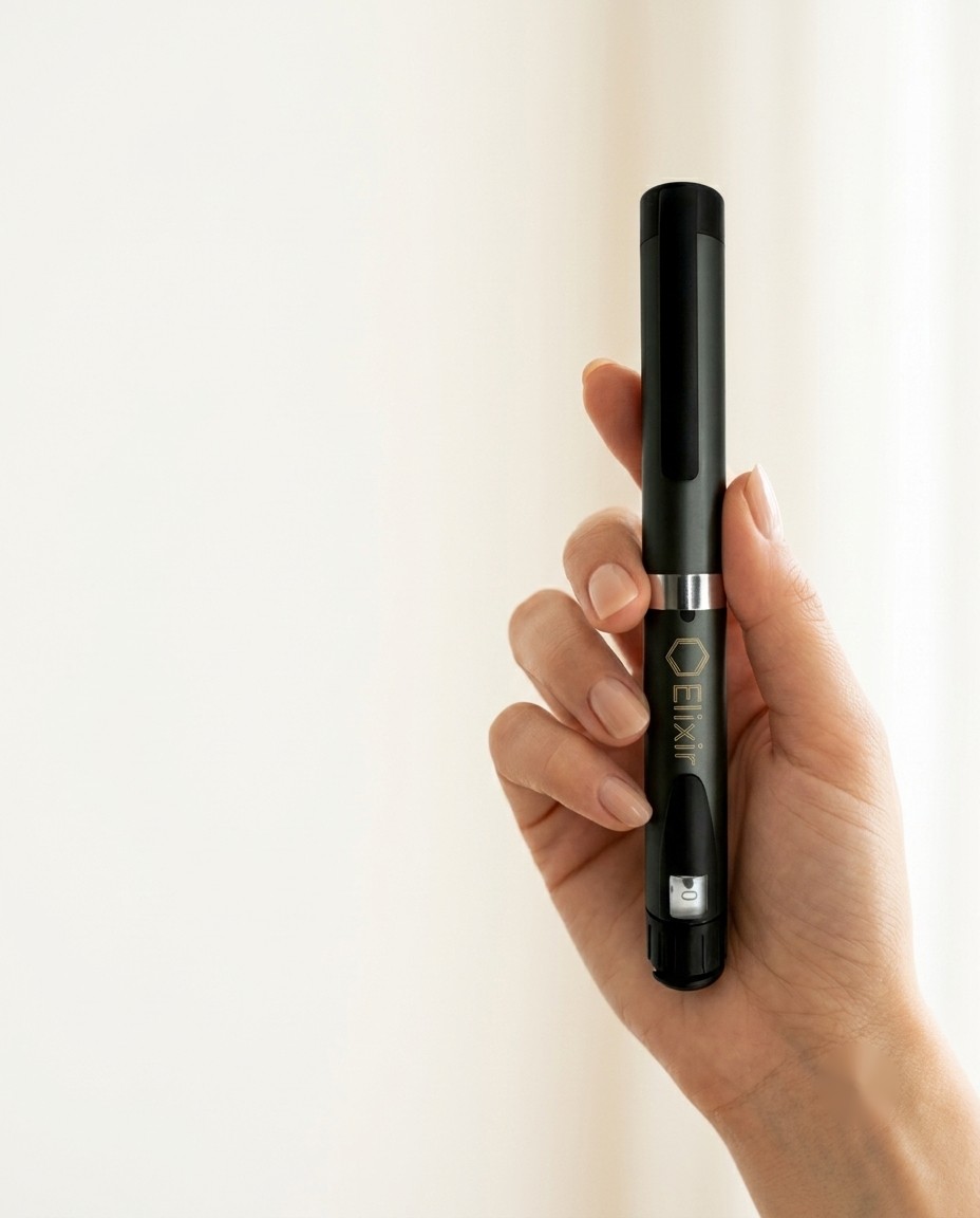 Peter, founder of Elixir, holding the Elixir pen